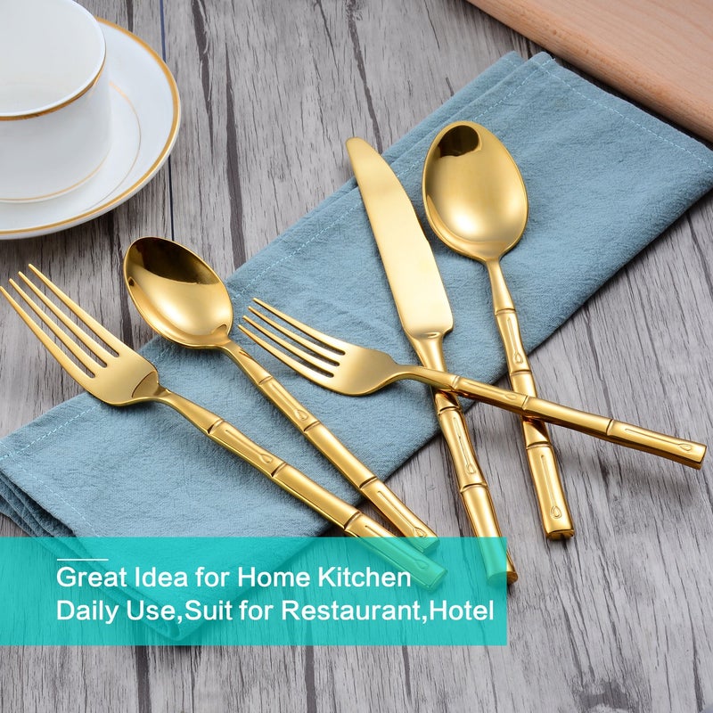Flatasy Flatware Set Gold Silverware Set with Bamboo Pattern Mirror Polished 20 Pieces Cutlery Set Housewarming Wedding Gift Service for 4 - Image 5